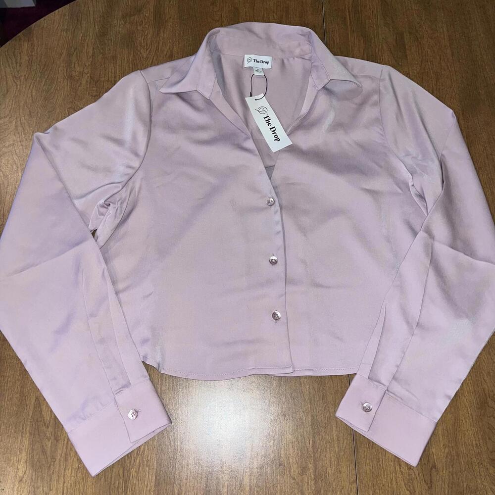 The Drop Light Pink Satin Cropped Button-Up Shirt Small Balletcore Soft Girl NWT